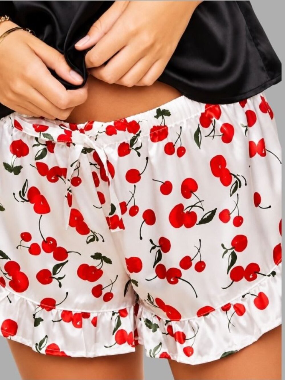 Adore Me Satin Effect Cherry Ruffled Sleep Shorts White Size Small
